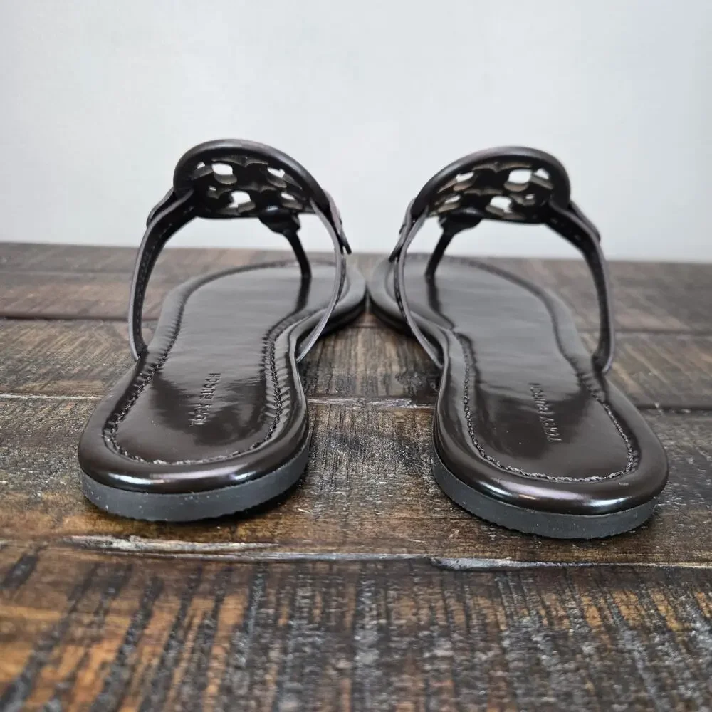 NEW Tory Burch Miller Leather Womens Size 11 Big Logo Sandals Flip Flops Cocoa
